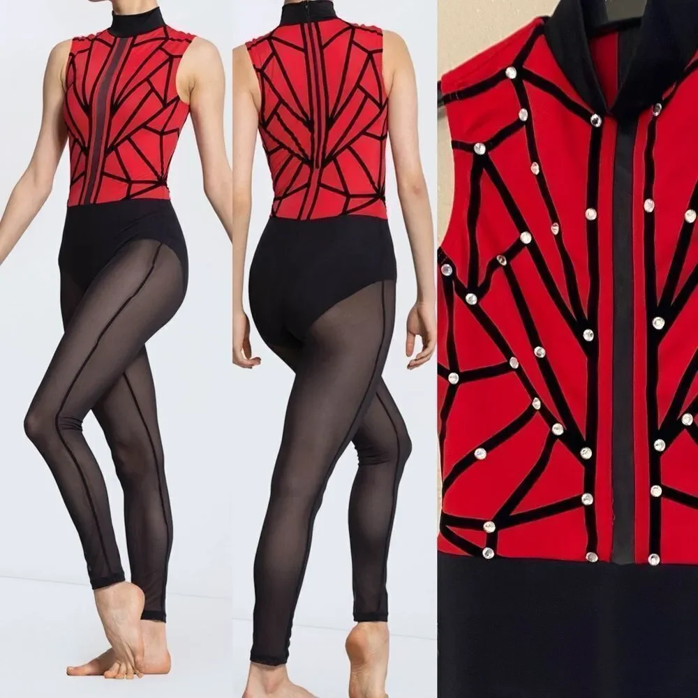 WEISSMAN Elite Dance Costume unitard black red Not My Responsibility 14114 MC